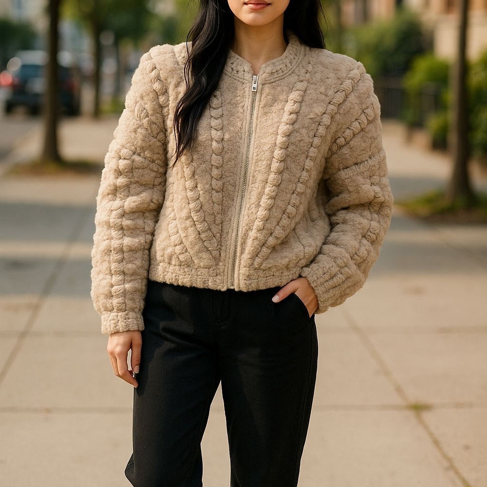 Vintage 70s shag loop popcorn knit sweater coat Taupe Oversized Fits M-XL